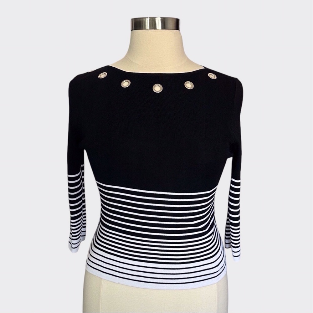 Finity Grommet Neck Striped Knit Three Quarter Sleeve Top